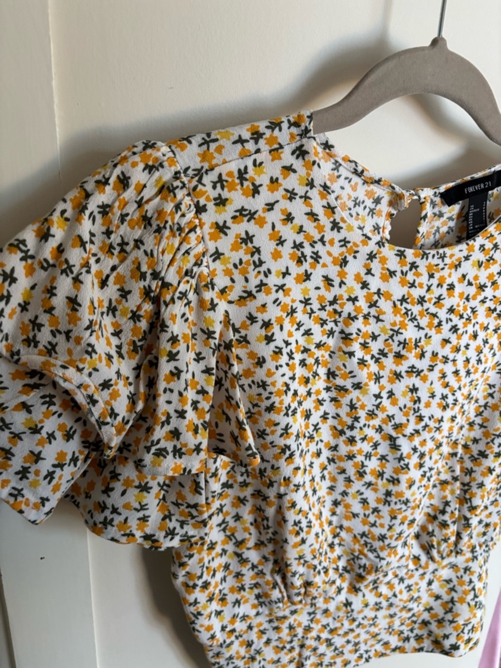 Forever 21 White Floral Puff Sleeve Blouse with Yellow Accents